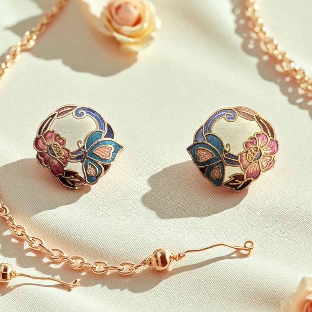 Vintage Cloisonné Hearted Wing Butterfly Floral Enamel Earrings